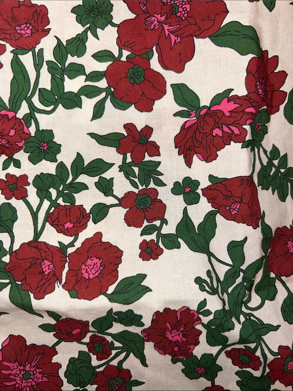 entro Cream Floral Ruffle Sleeve Top with Red Flowers and Green Trim - Picture 3 of 6